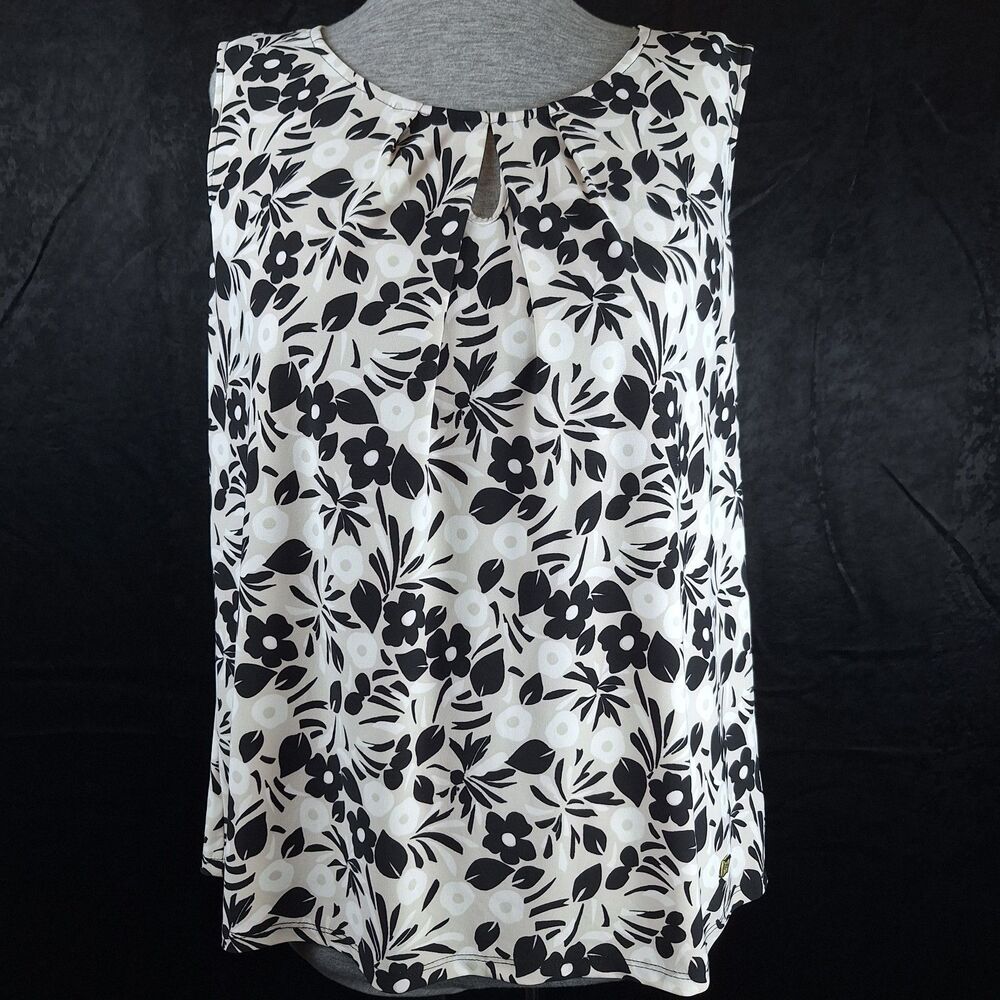 Anne Klein Sleeveless Gray/Black/White Floral Pleated Top Keyhole Scoopneck